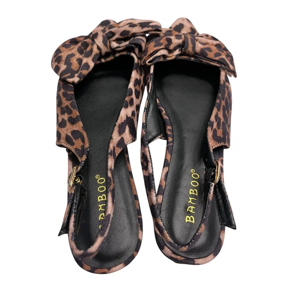 New BAMBOO Sz 7 Flats Leopard Print Bow Sandal Slingback Pointed Toe VISOR NWOB